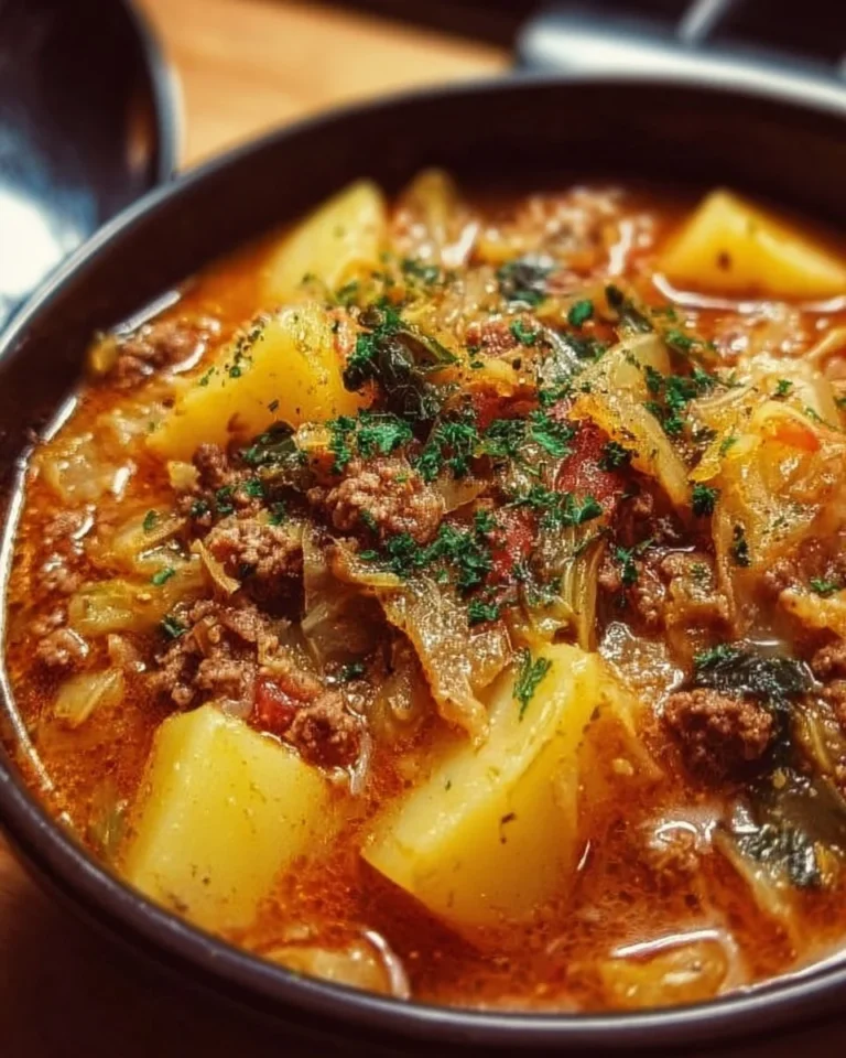 Savoy cabbage stew with ground meat and potatoes served in a bowl