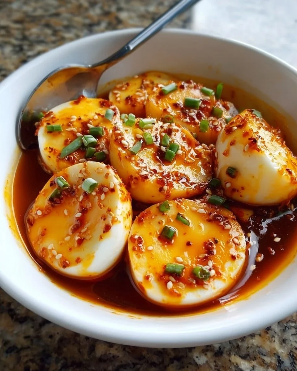 Scharfe Gochujang-Eier auf einem Teller angerichtet