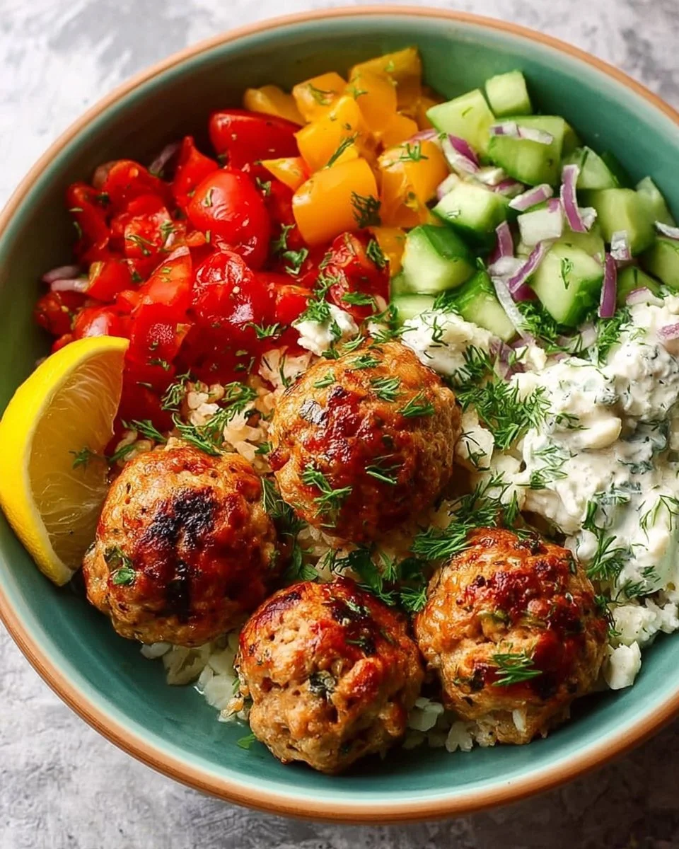 Schnelle griechische Putenfleischbällchen Schalen auf einem schön gedeckten Tisch