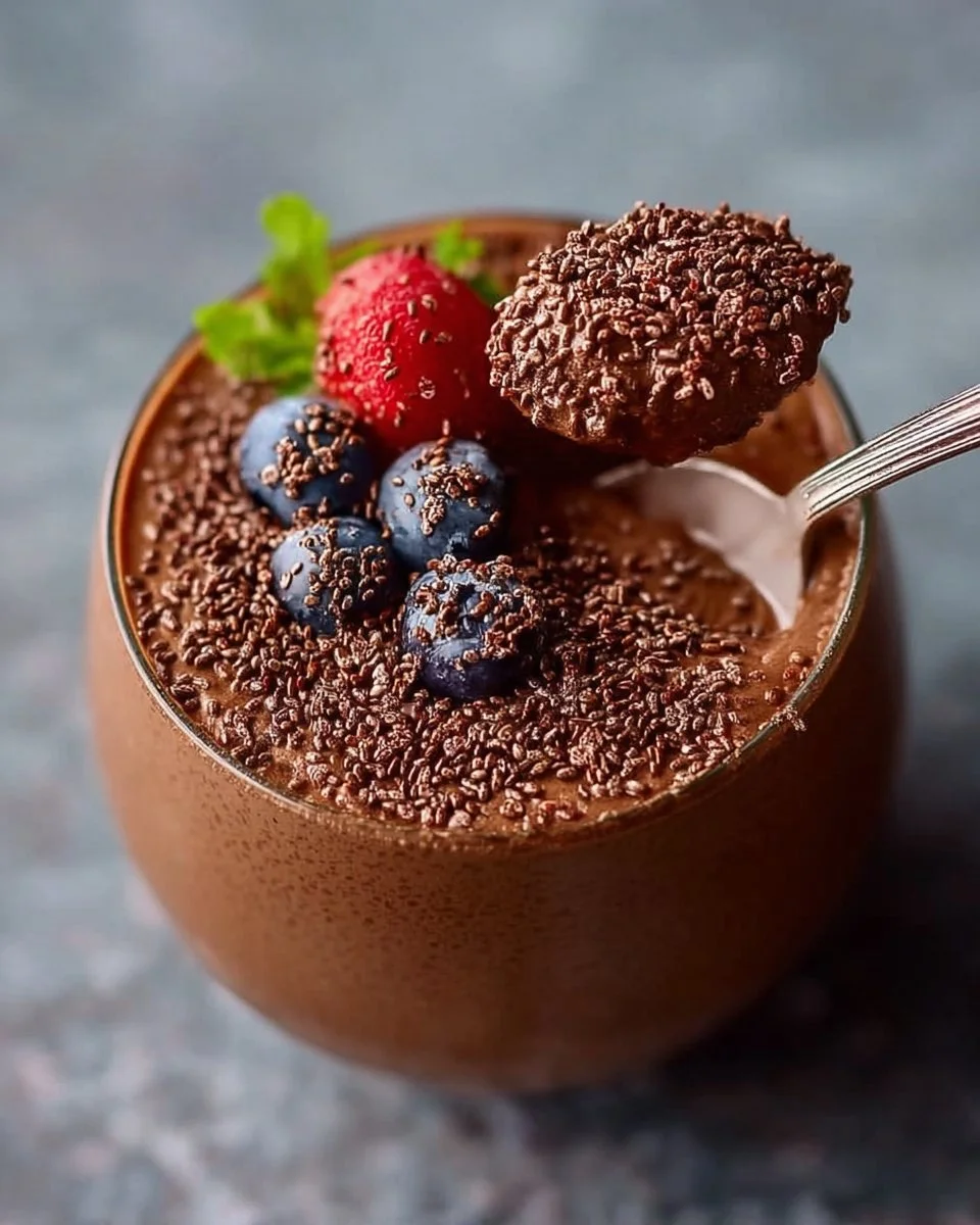 Schnelle Quark-Schokoladen-Mousse mit Chia in einer Schüssel serviert.