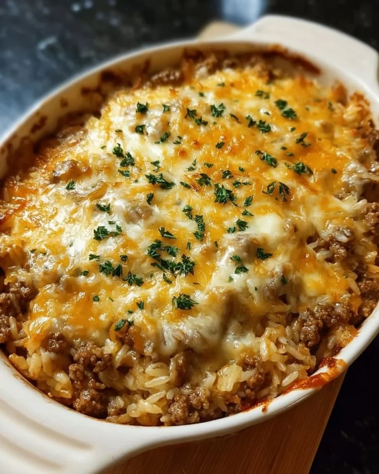 Schneller Zwiebel-Rinderhackfleisch-Reisauflauf in einer Auflaufform