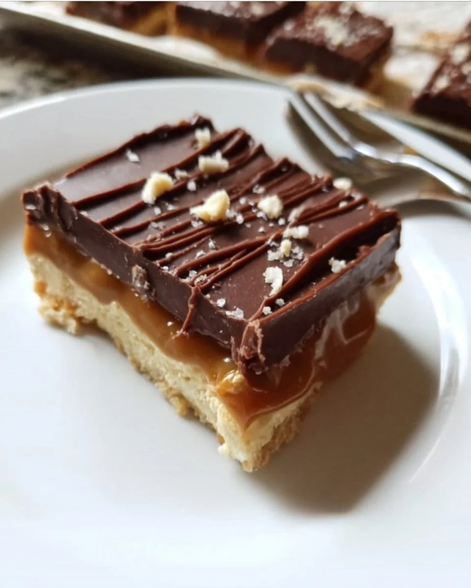 Leckere Schokoladen-Erdnussbutter-Riegel mit Karamell in einem schönen Arrangement