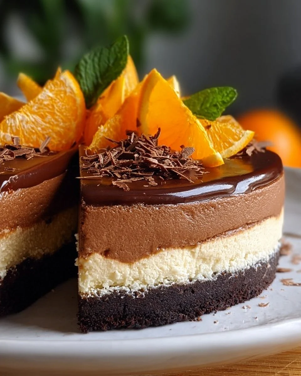 Schokoladen-Orange-Käsekuchen auf einem Teller, gaumenfreudige Snackidee