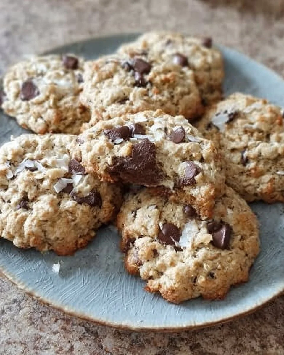 Schokoladenstück Plätzchen mit Haferflocken und Kokosnuss auf einem Teller