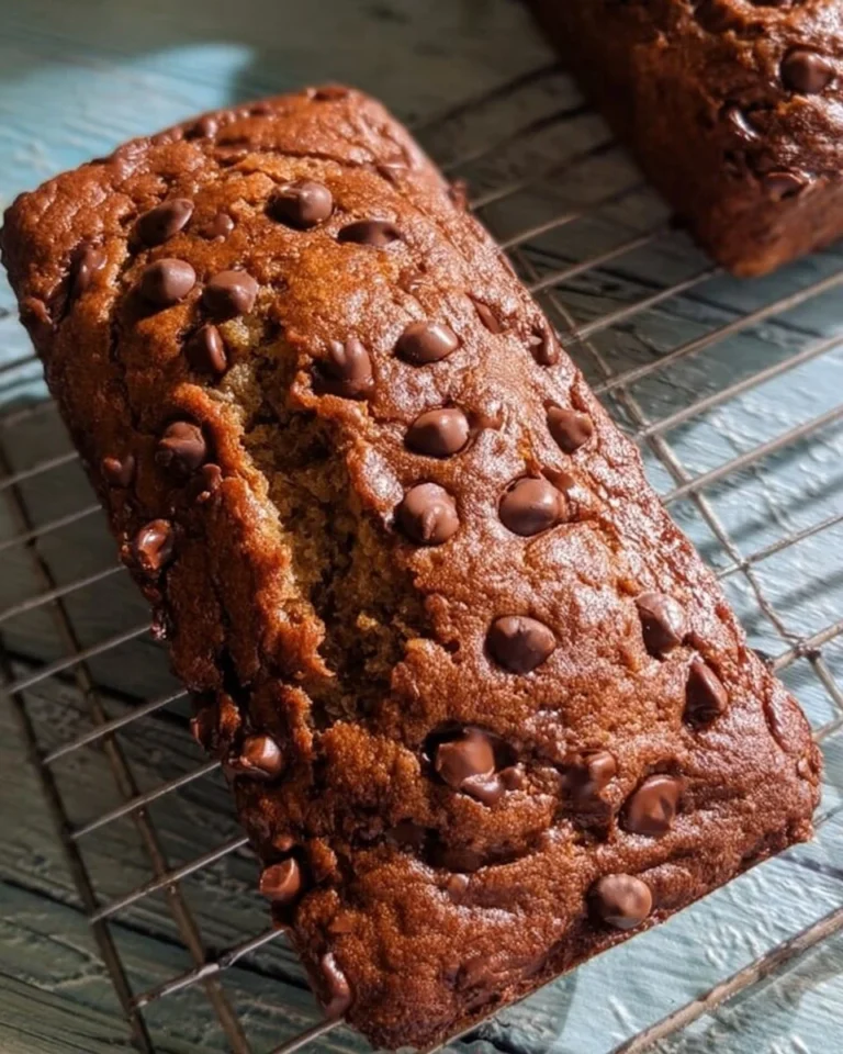 Schokoladenstückchen im griechischen Joghurt-Bananenbrot auf einem Holzbrett