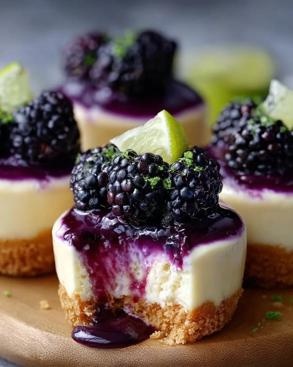 Schwarzbeer-Limetten-Käsekuchen-Cupcakes in einer appetitlichen Präsentation
