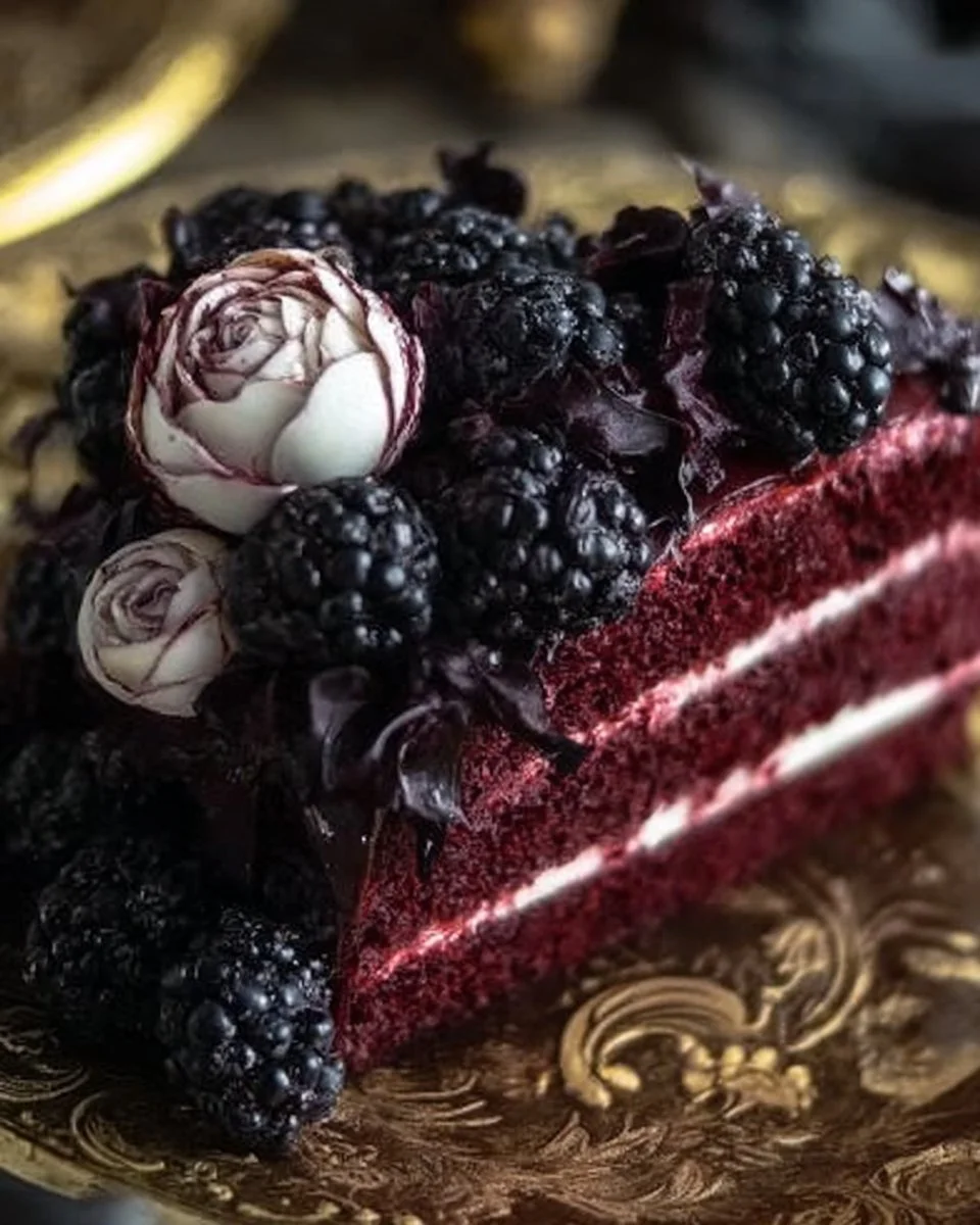 Schwarzbeer-Velvet-Gothic-Kuchen auf einem Teller dekoriert mit frischen Beeren.