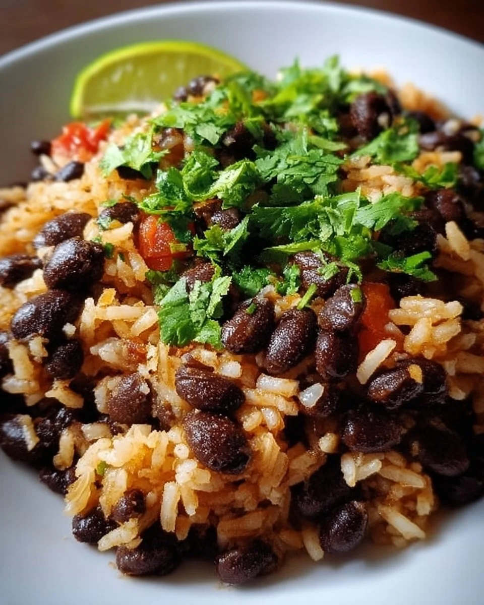 Schwarze Bohnen und Reis in einer Schüssel serviert, mit frischem Gemüse garniert.