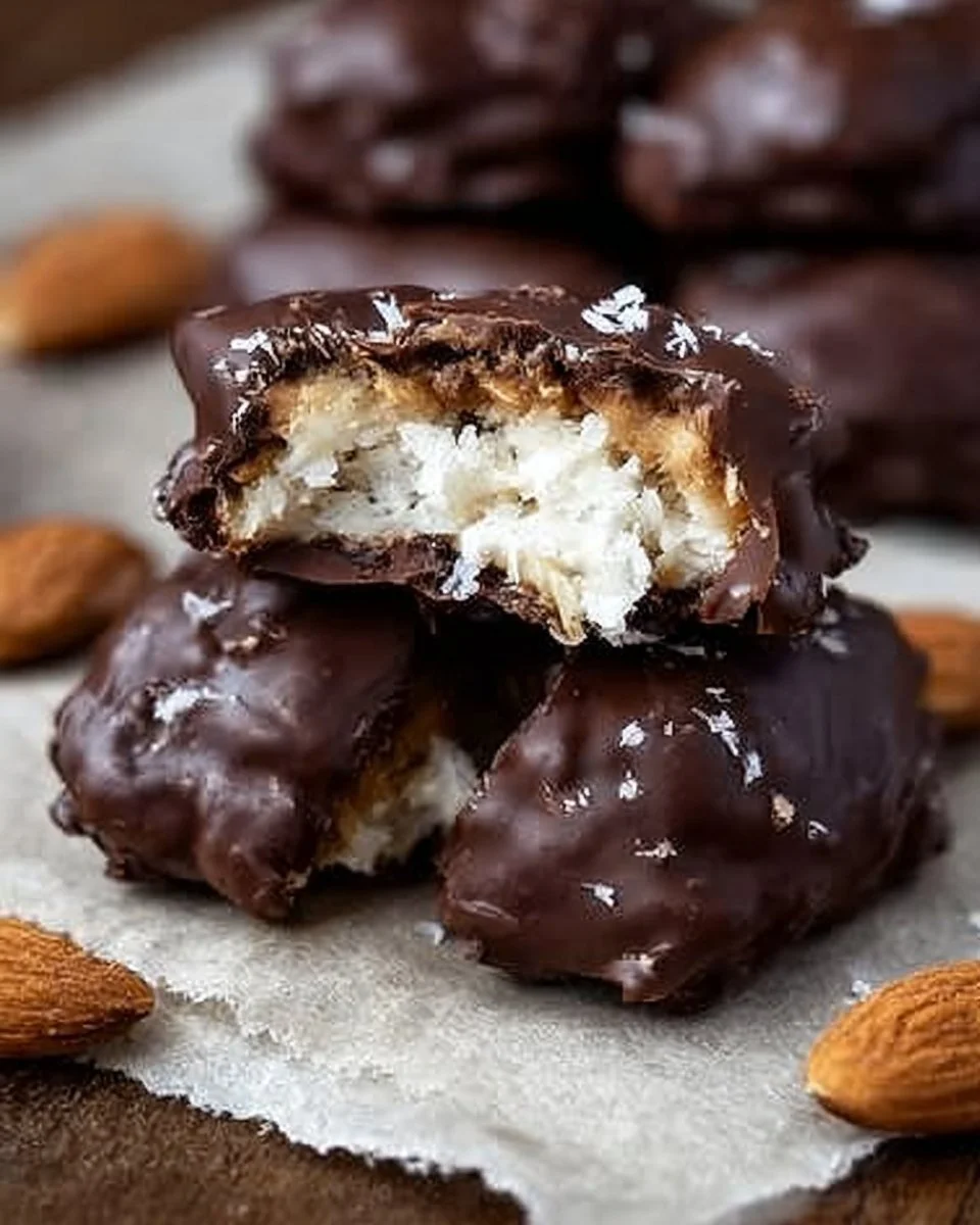 Selbstgemachte Almond Joys mit Kokosnuss und Schokolade, perfekt für Naschkatzen.
