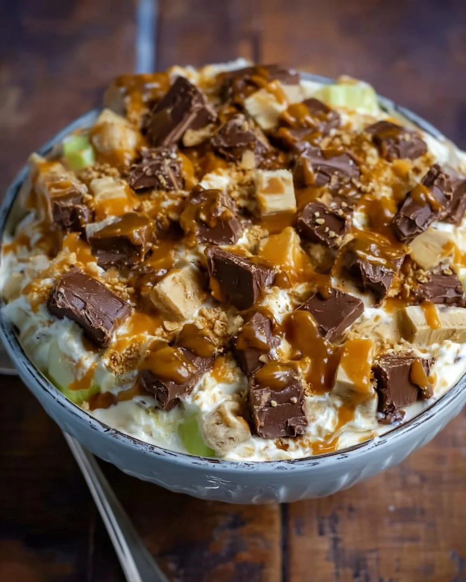 Schüssel mit leckerem Snickers-Salat, garniert mit Erdnüssen und Karamell.