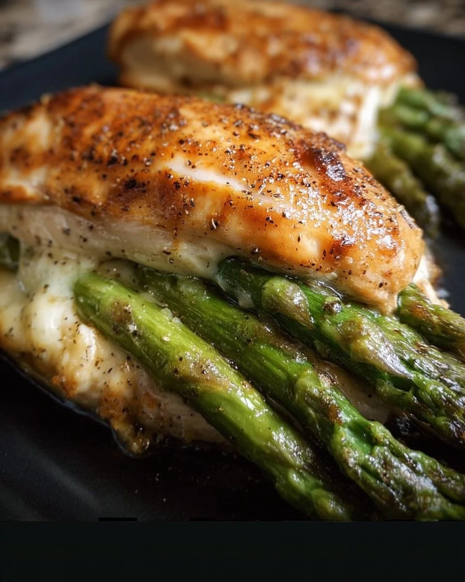 Spargel gefüllte Hühnerbrust auf einem Teller, dekoriert mit frischen Kräutern