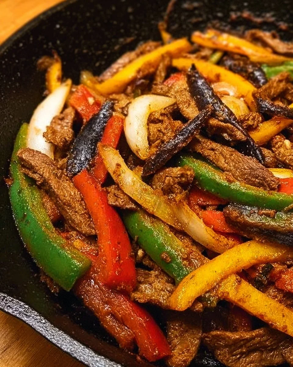 Leckere Steak-Fajitas mit frischem Gemüse und Gewürzen auf einem Grillteller.
