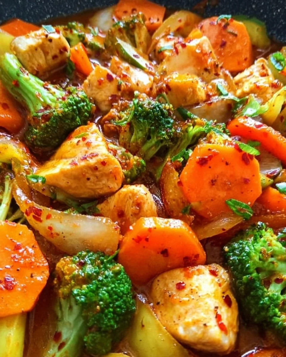 Süßscharfes Chili-Hühnchen mit buntem Gemüse auf einem Teller serviert