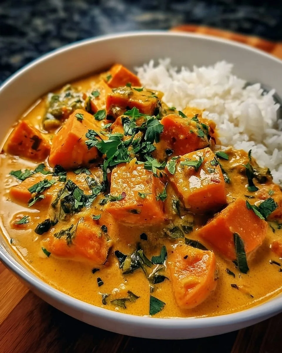 Bowl of sweet potato coconut curry garnished with fresh herbs