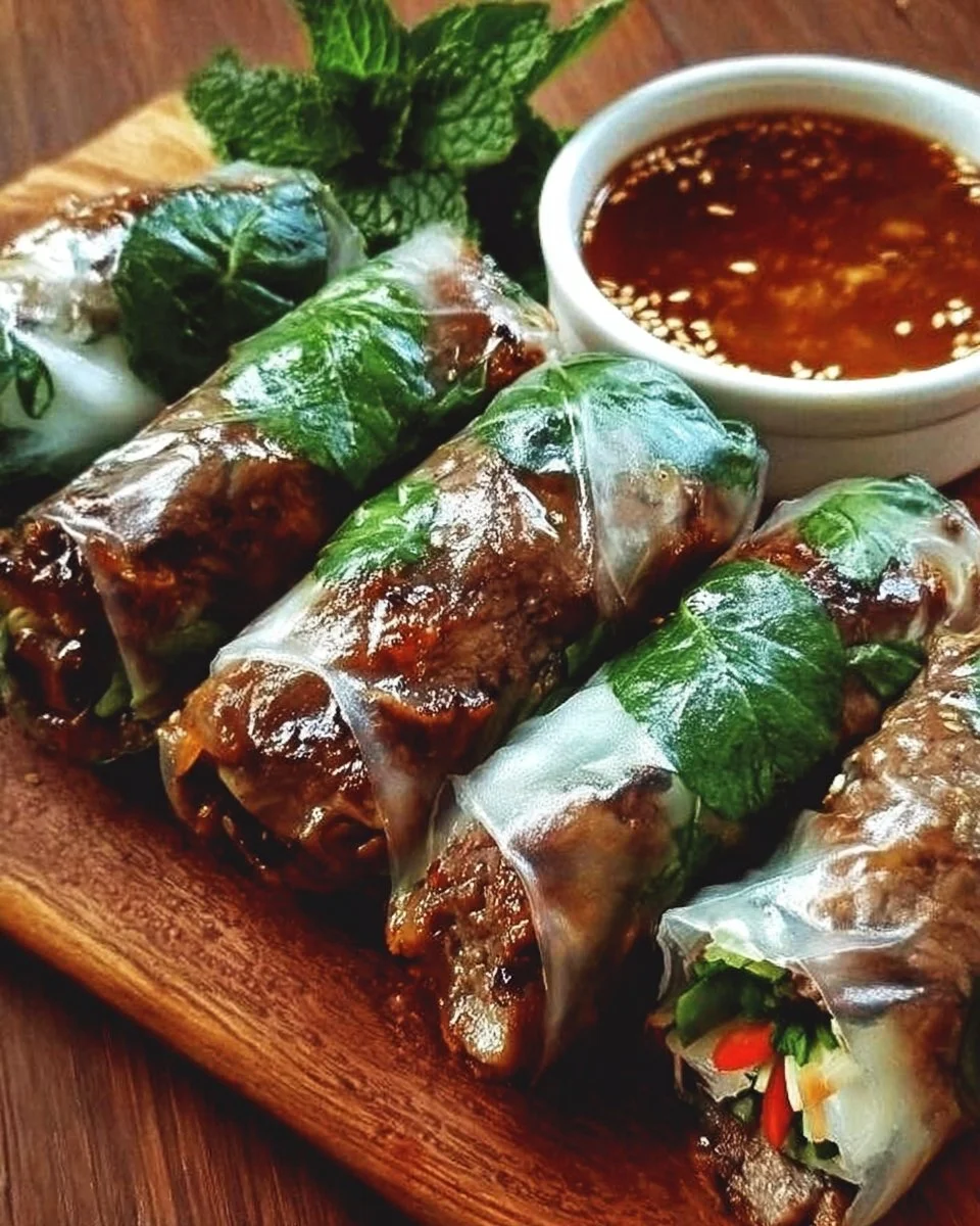 Thai-Basilikum-Rindfleisch-Röllchen auf einem Teller serviert