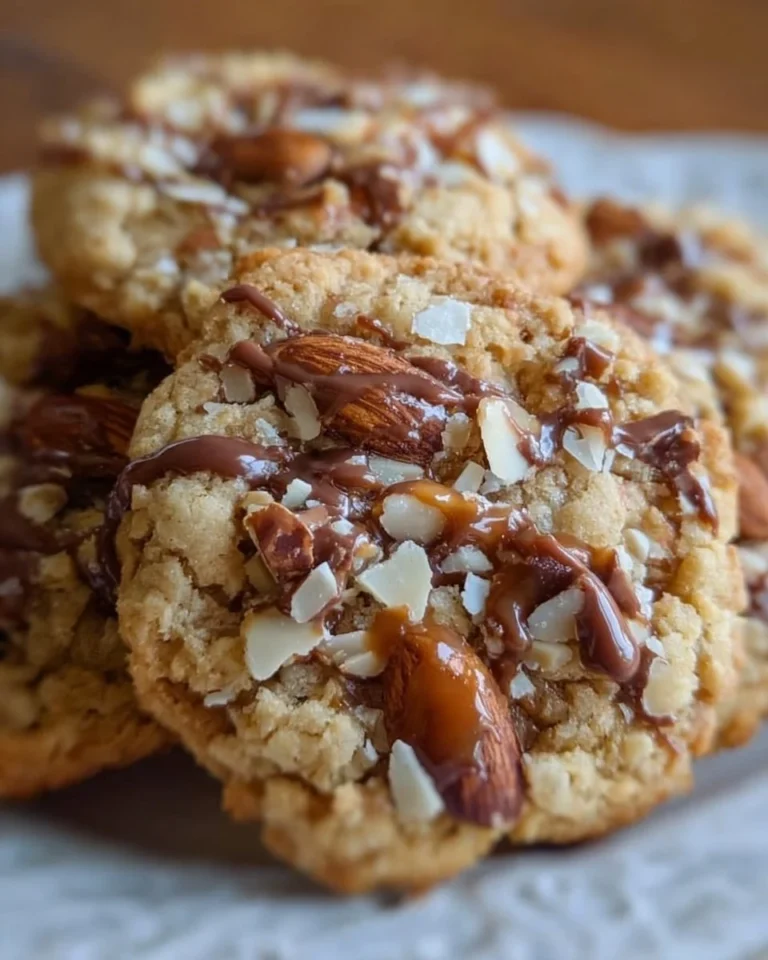 Toffee-Mandel-Crunch-Kekse auf einem Teller, lecker und knusprig.