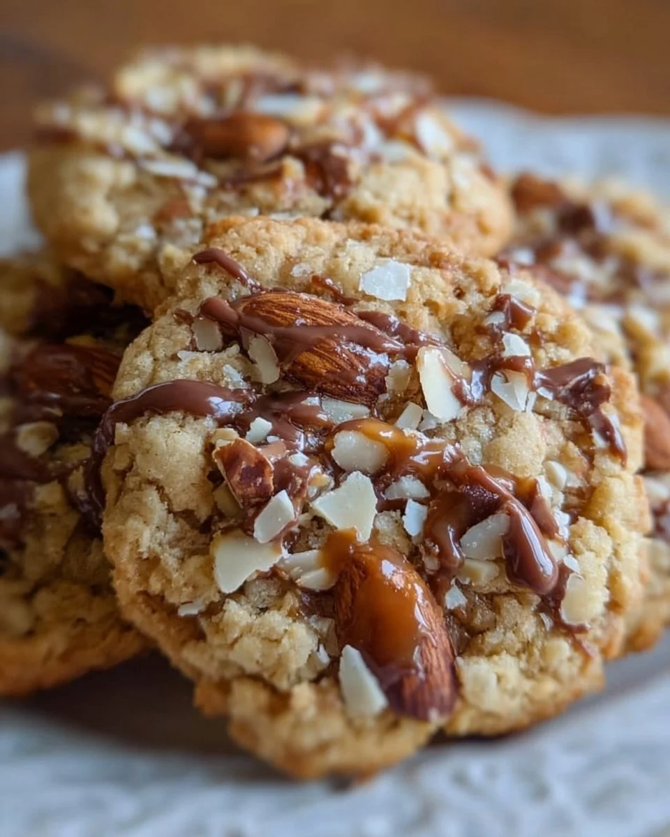 Toffee-Mandel-Crunch-Kekse auf einem Teller, lecker und knusprig.