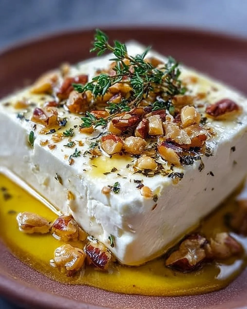 Überbackener Feta mit Honig, Thymian und Nüssen serviert auf einem Teller