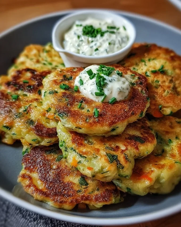 Plate of vegetable pancakes served with a green herb dip