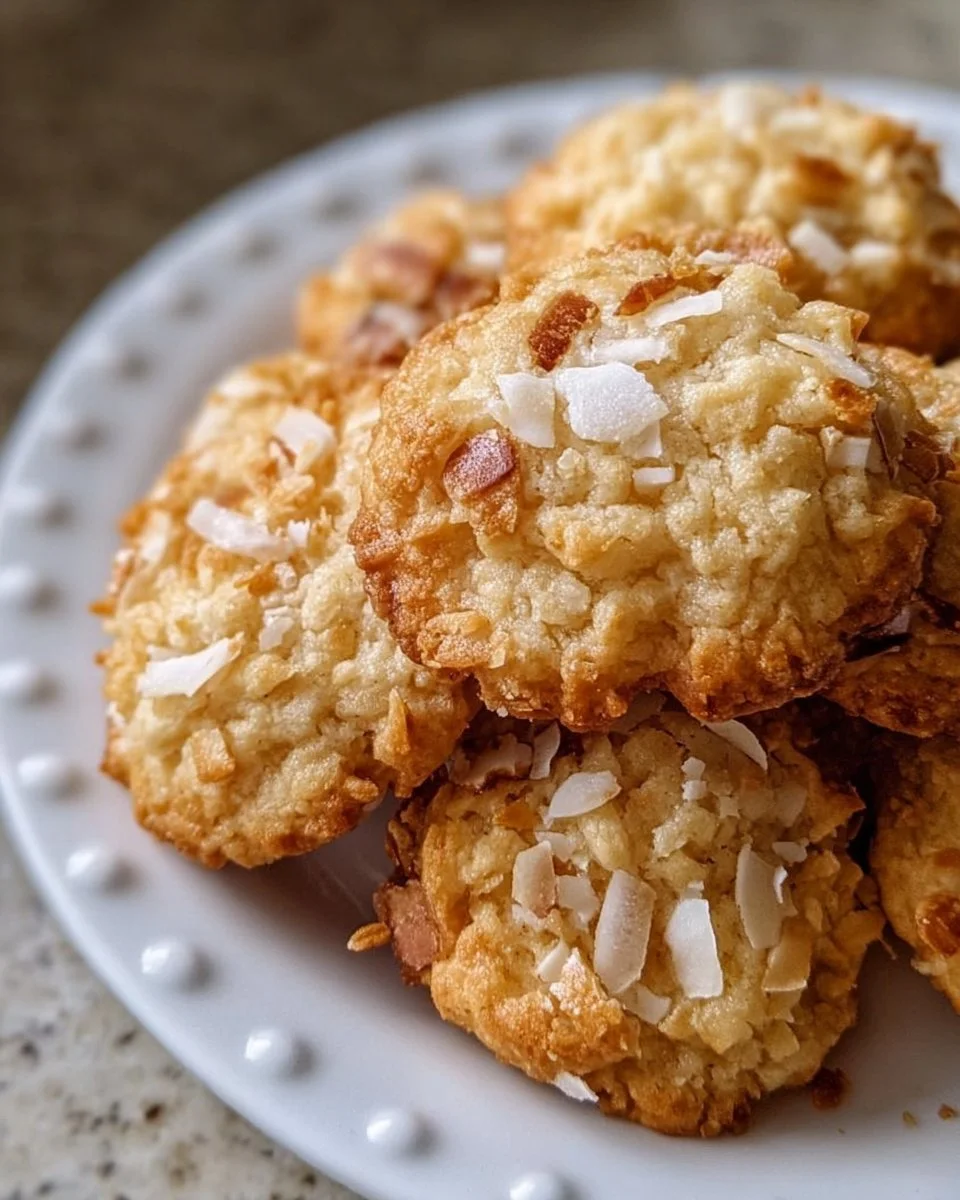 Weiche und zähe Kokosnusskekse auf einem Teller angerichtet