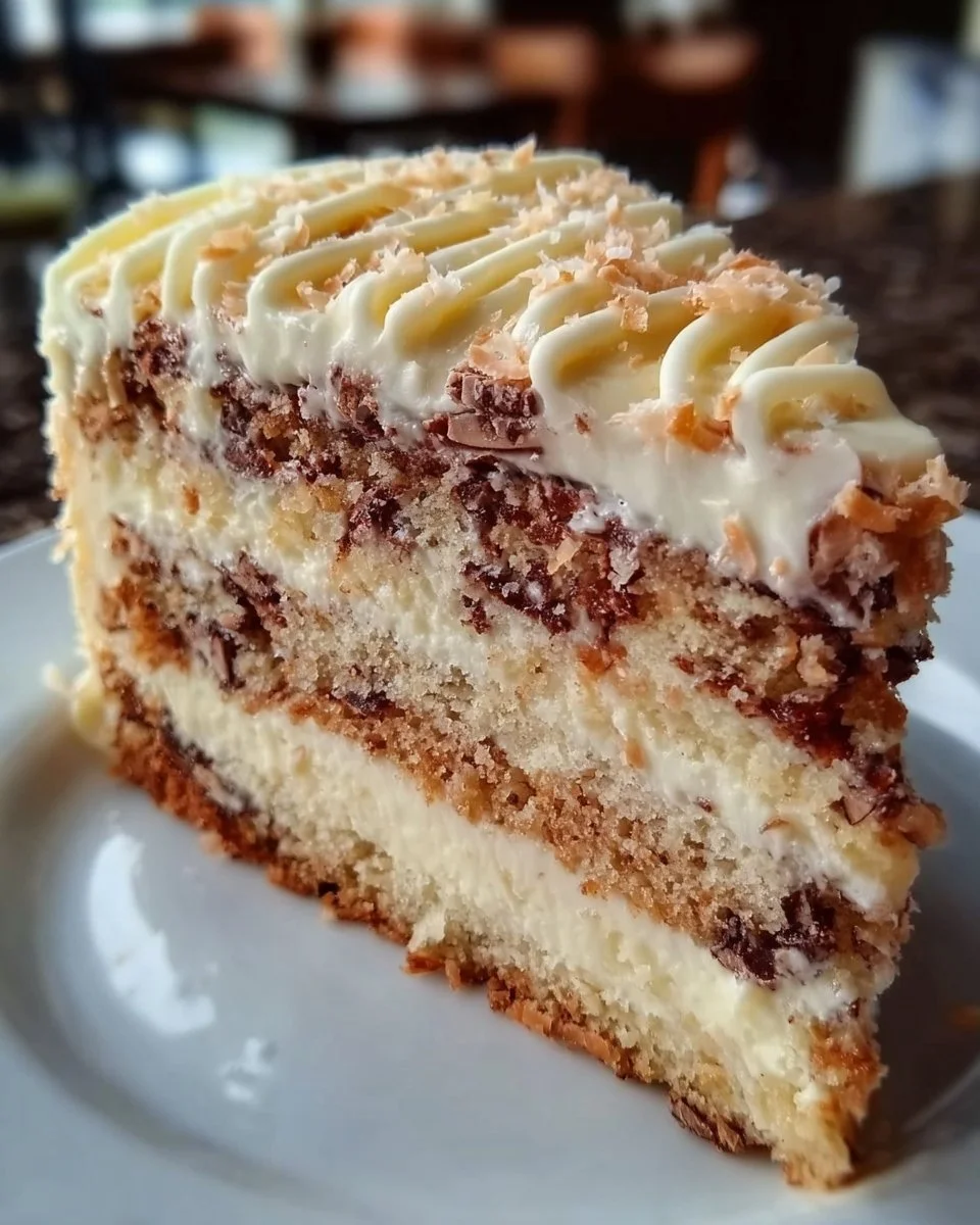 Slice of White German Chocolate Cake topped with coconut and pecans