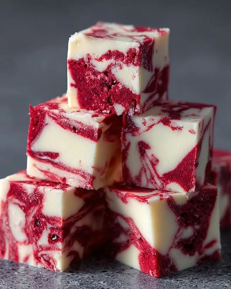Leckeres Winter Weiß Rote Samt Fudge auf einem Teller serviert.