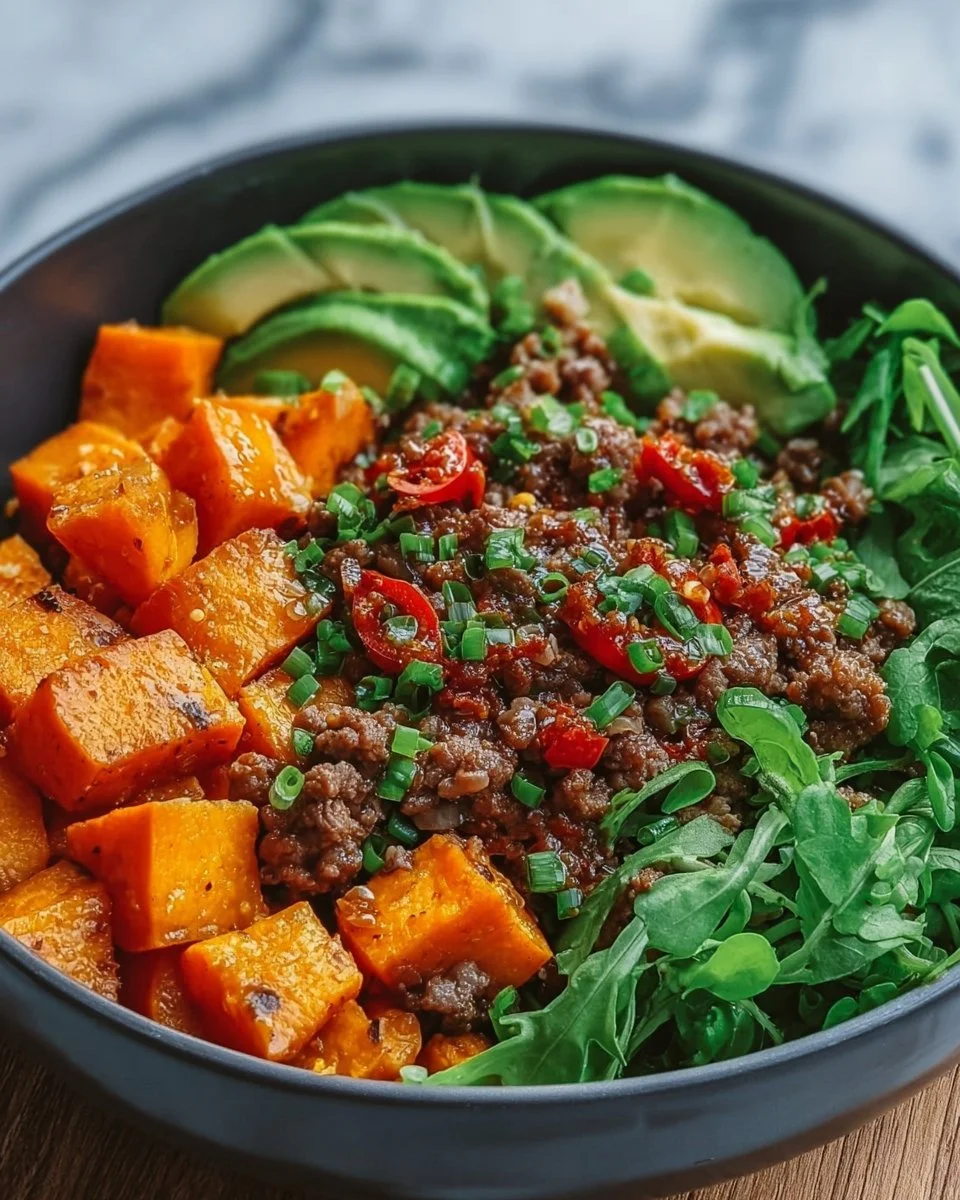 Würzige Rinder- und Süßkartoffel-Protein-Schüssel mit frischen Zutaten
