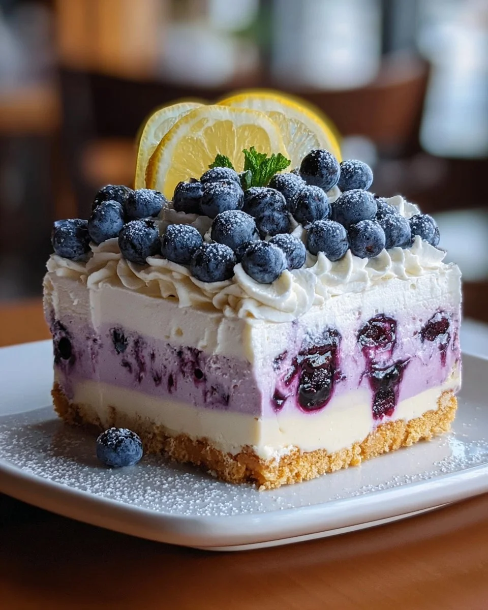 Zitronen-Blaubeer-Shortbread-Mousse-Kuchen auf einem Teller