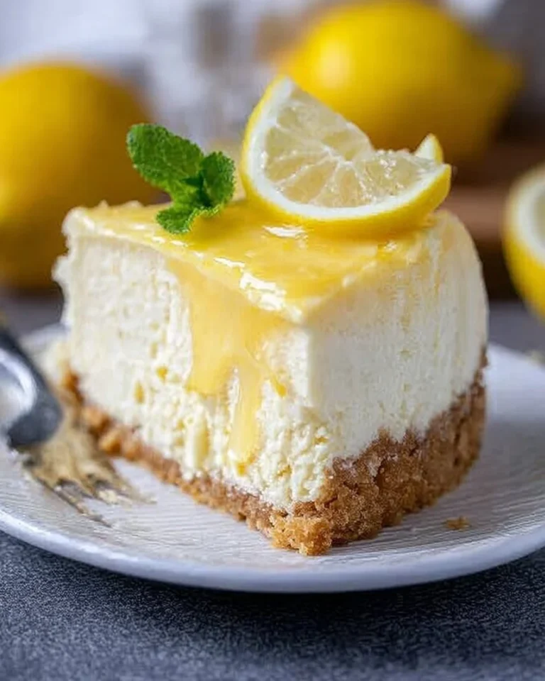 Zitronen-Käsekuchen mit frischen Zitronenscheiben auf einem weißen Teller