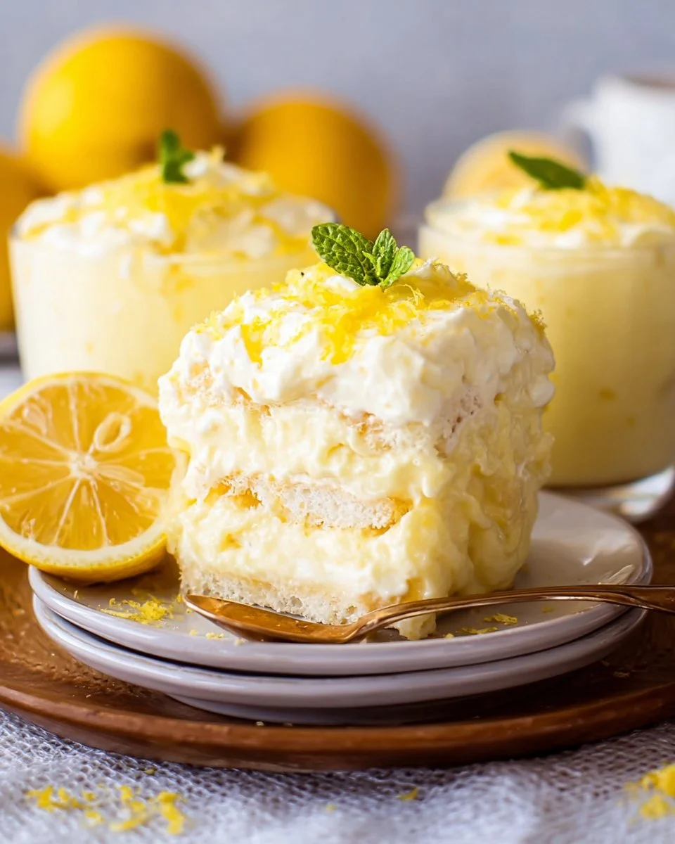 Zitronen-Mascarpone-Dessert ohne Alkohol in einer eleganten Schüssel serviert.