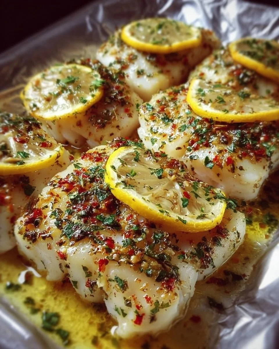 Gebackener Kabeljau mit Zitronenbutter auf einem Teller serviert