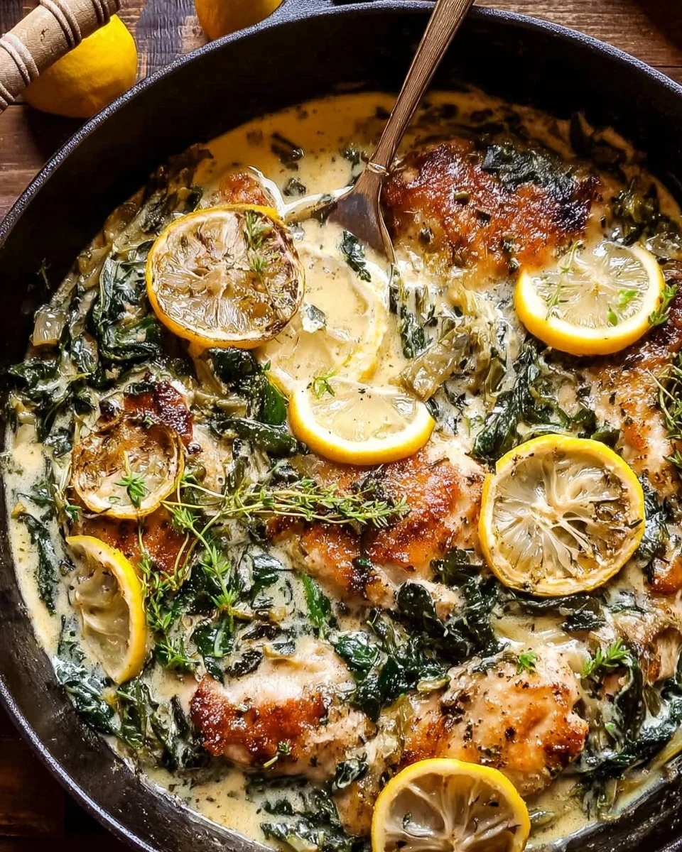 Zitronenbutter Hähnchen mit Spinat und Artischocken auf einem Teller