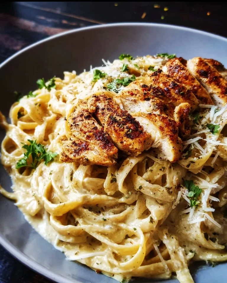 Zitronenpfeffer Cajun Hähnchen Fettuccine Alfredo auf einem Teller serviert.
