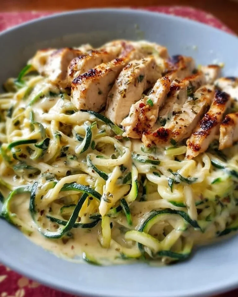 Zucchini-Nudel-Hühnchen Alfredo Rezept mit frischen Zutaten und cremiger Sauce.