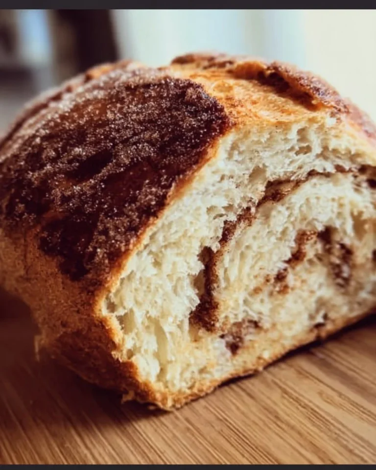 Freshly baked cinnamon sugar sourdough bread loaf on a wooden table