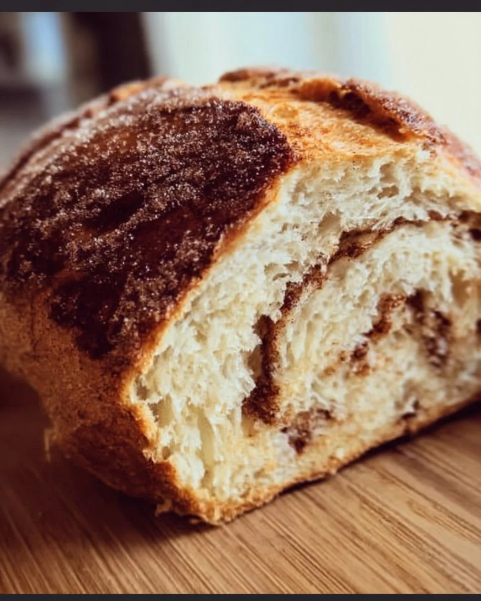 Freshly baked cinnamon sugar sourdough bread loaf on a wooden table