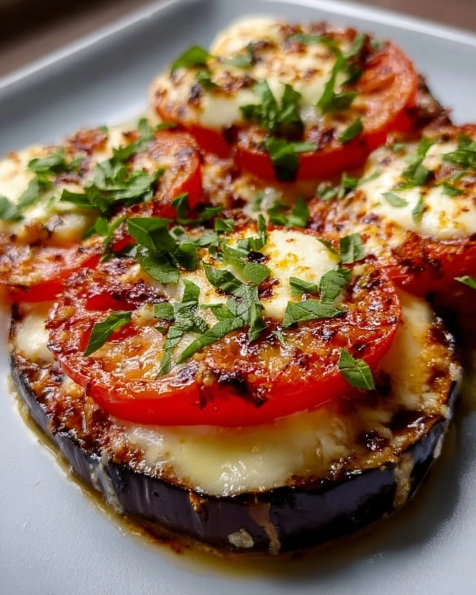 Aubergine mit Tomaten und Mozzarella auf einem Teller angerichtet.