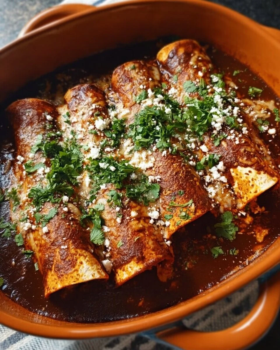 Authentische Mole-Enchiladas mit reichhaltiger Sauce und frischen Zutaten.