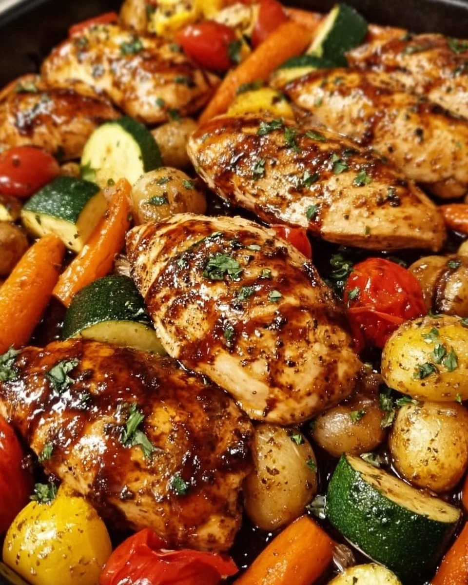 Balsamico-Glasierte Hähnchenbrust und Gemüse aus einer Pfanne