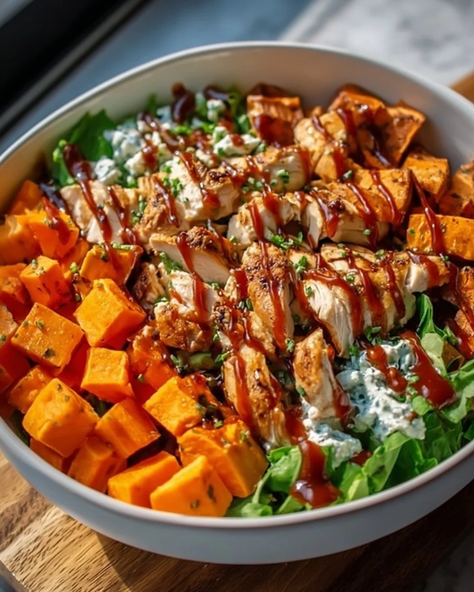 BBQ-Hähnchen-Süßkartoffel-Power-Bowl mit frischen Zutaten