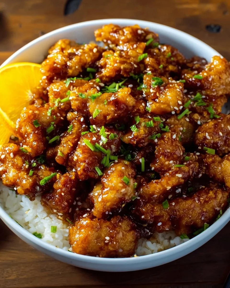 Leckeres Orangensaft-Hühnchen auf einem Teller, perfekt für das Abendessen.