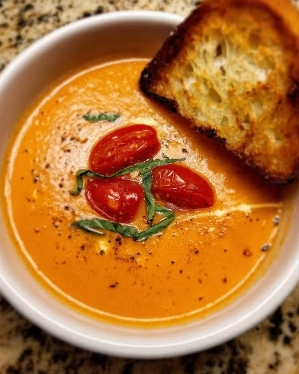 Eine Schüssel mit gerösteter Tomaten-Basilikum-Suppe, garniert mit frischem Basilikum.