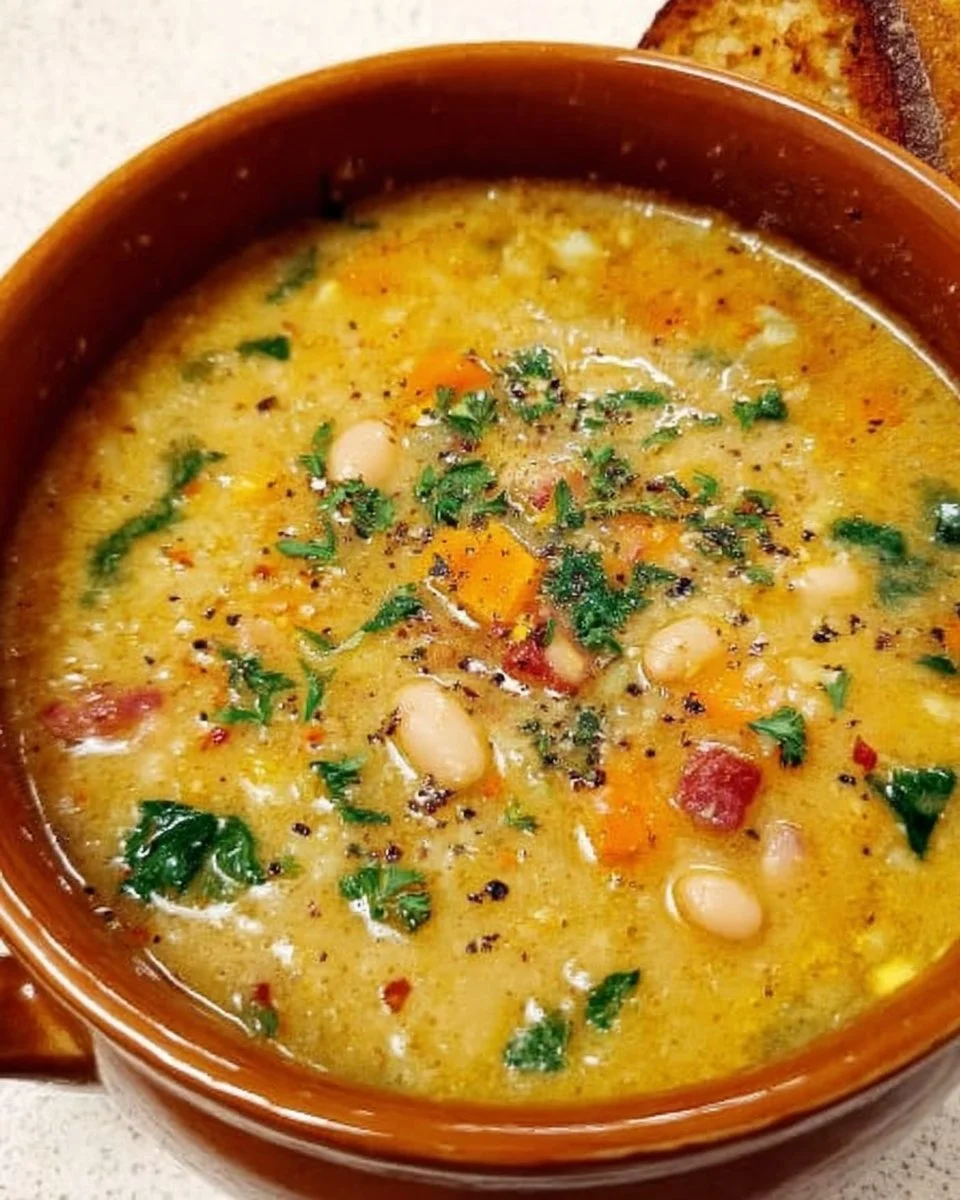 Teller mit toskanischer weißer Bohnensuppe mit frischen Kräutern und Olivenöl.