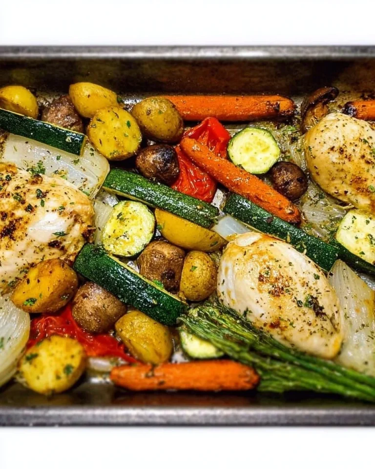 Blatt-Pfanne mit Knoblauch-Hühnchen und buntem Gemüse