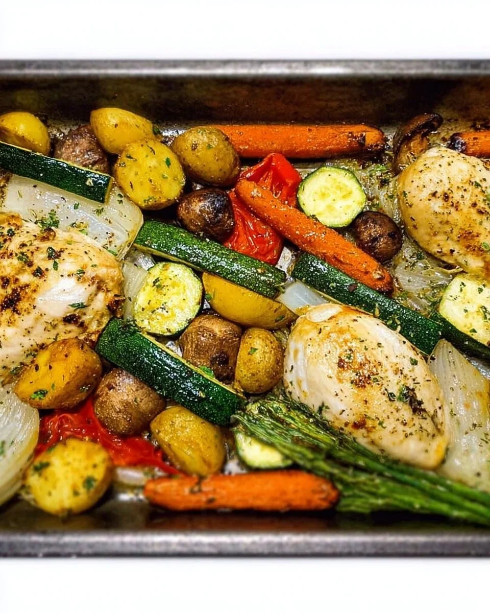 Blatt-Pfanne Knoblauch-Hühnchen und Gemüse