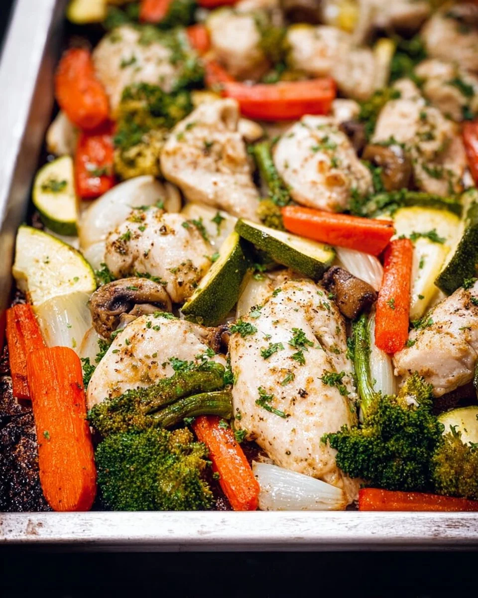 Blechpfanne Knoblauchhühnchen und Gemüse