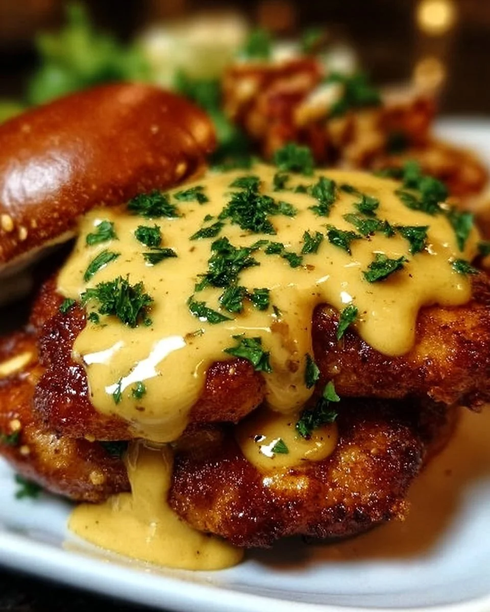 Brezel-Hühnchen mit delikater Senf-Käse-Sauce auf einem Teller.