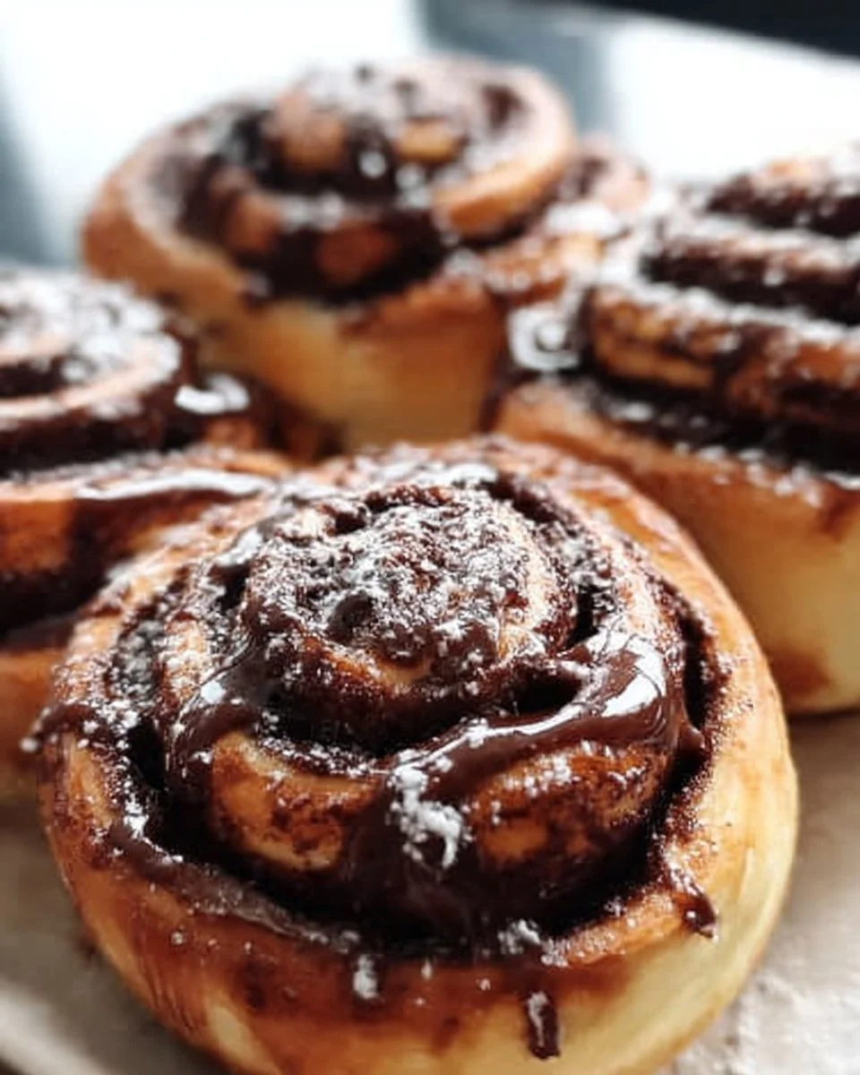 Decadent chocolate Nutella cinnamon rolls topped with creamy frosting