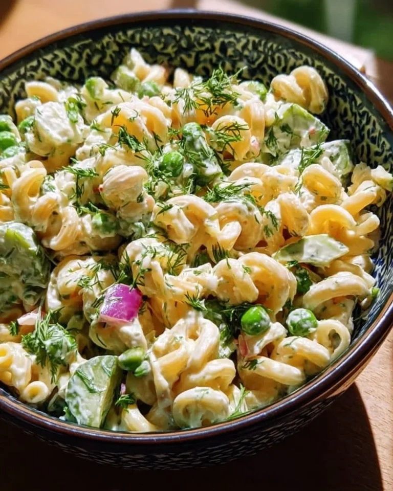 Classic high protein dill pickle pasta salad served in a bowl