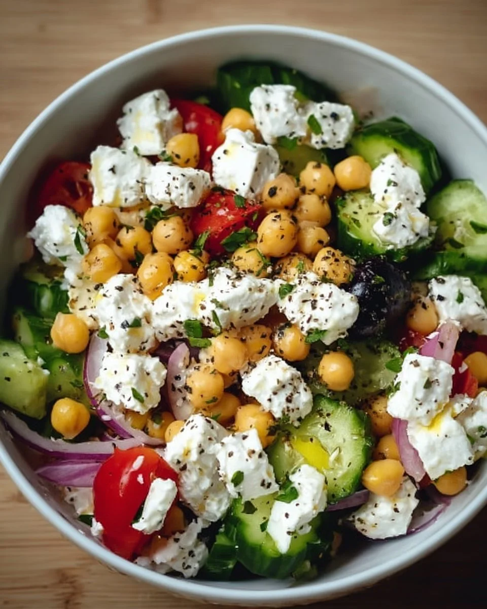 Cottage cheese salad with chickpeas, fresh vegetables, and herbs in a bowl